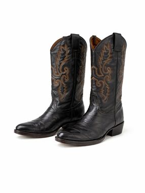 Austin Black Leather Cowboy Boots Western Embroidered Mid Calf Classic
